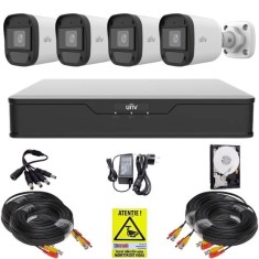 Kit supraveghere Uniview, 4 camere ColorHunter, 5MP, Lumina Alba 20m, DVR 4 canale, 4MP, Accesorii , HDD 500GB, Autocolant Rovision SafetyGuard Survei