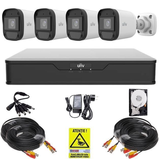 Kit supraveghere Uniview, 4 camere ColorHunter, 5MP, Lumina Alba 20m, DVR 4 canale, 4MP, Accesorii , HDD 500GB, Autocolant Rovision SafetyGuard Survei
