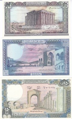 Bancnota Liban 50, 100 si 250 Livre 1988 - P65-67 UNC ( set x3 ) foto