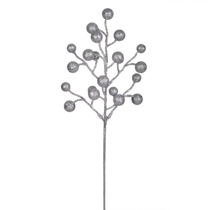 Ramură Decorativă, Model Crăciun, Fructe Cu Glitter Argintiu, 43 cm