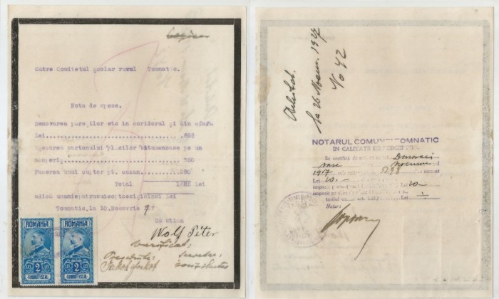 Romania, Notarul comunei, Nota de spese, Tomnatic, 1927