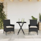 Set bistro cu perne, 3 piese, negru, poliratan și sticlă