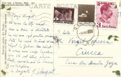 CP871N Iosif Șchiopul către Virgil Popescu-R&amp;acirc;mniceanu, 1937, pe adresa lui Octavian Goga din Ciucea foto