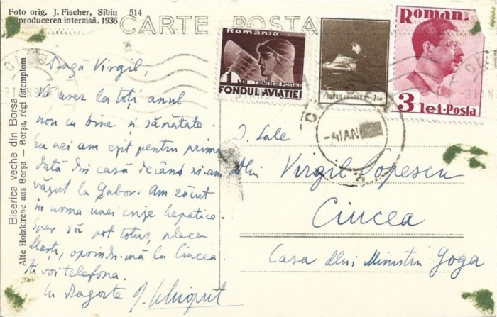 CP871N Iosif Șchiopul către Virgil Popescu-R&acirc;mniceanu, 1937, pe adresa lui Octavian Goga din Ciucea