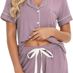 ng Femei Buton în jos pijama set V-Neck mânecă scurtă Sleepwear Soft Pj Seturi S