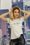 U833-18 Tricou casual cu imprimeu text &quot;beautiful&quot;