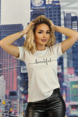 U833-18 Tricou casual cu imprimeu text &amp;quot;beautiful&amp;quot; foto