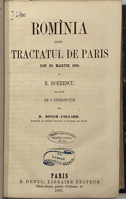 B. Boerescu Romania dupa tratatul de la paris 1857 carte veche