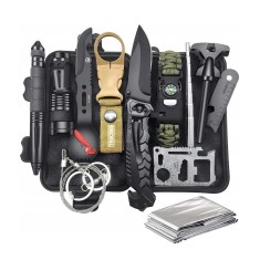 Trusa tactica de supravietuire 14 in 1, carcasa rezistenta la apa si socuri, set complet pentru calatorii, camping, vanatoare, pescuit si drumetii