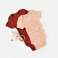 Set 2 body-uri bebe unisex din bumbac organic si modal - Caramiziu/Somon, BabyCosy (Marime: 12-18 Luni)