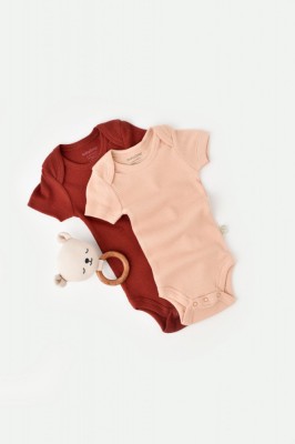 Set 2 body-uri bebe unisex din bumbac organic si modal - Caramiziu/Somon, BabyCosy (Marime: 18-24 Luni) foto