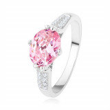 Inel de logodnă argint 925, zirconiu oval, roz, zirconiu mic, transparent - Marime inel: 52