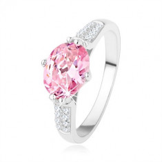 Inel de logodnă argint 925, zirconiu oval, roz, zirconiu mic, transparent - Marime inel: 58