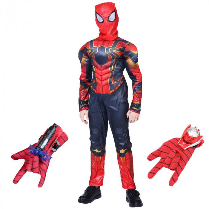 Set costum Iron Spiderman IdeallStore&reg;, New Era, rosu, 5-7 ani, doua manusi cu ventuze si discuri