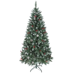 HOMCOM Brad de Crăciun &Icirc;nalt &Icirc;nzăpezit 180 cm cu 620 de Ramuri, Brad Artificial de Interior cu Conuri și Boabe Roșii Decorative, Bază din Metal, Verde