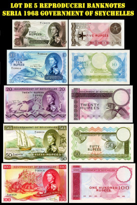 Reproducere lot de 5 Reproduceri Banknotes seria 1968 Government of Seychelles foto