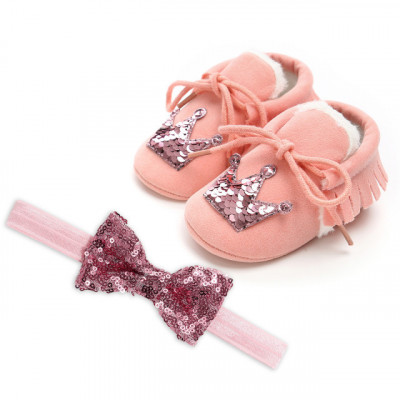 Pantofiori imblaniti roz cu bentita asortata (Marime Disponibila: 6-9 luni foto