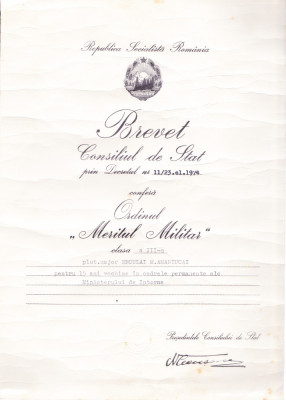 AMS# - BREVET ORDINUL MERITUL MILITAR CL. III, 1974 foto