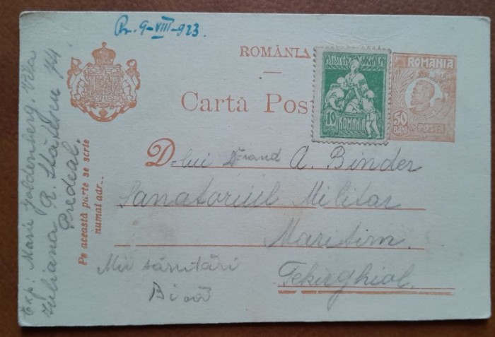 Carte postala, 1923, trimisa din Prederal la Techirghiol