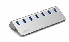 Hub USB Cu 7 porturi USB 3.0, FIDECO, Type-C, Adaptor Multiport portabil, din Aluminiu, 350mb/s, alimentare PC/Priza, 5 Gbps, Gri foto