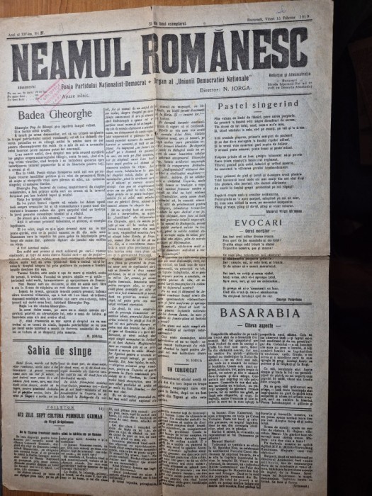 ziarul neamul romanesc 15 februarie 1919 - director nicolae iorga - articole nicolae iorga - articolul - basarabia