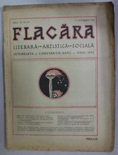 FLACARA , REVISTA LITERARA , ARTISTICA , SOCIALA , ANUL VII , NR. 46 , 17 NOIEMBRIE , 1922