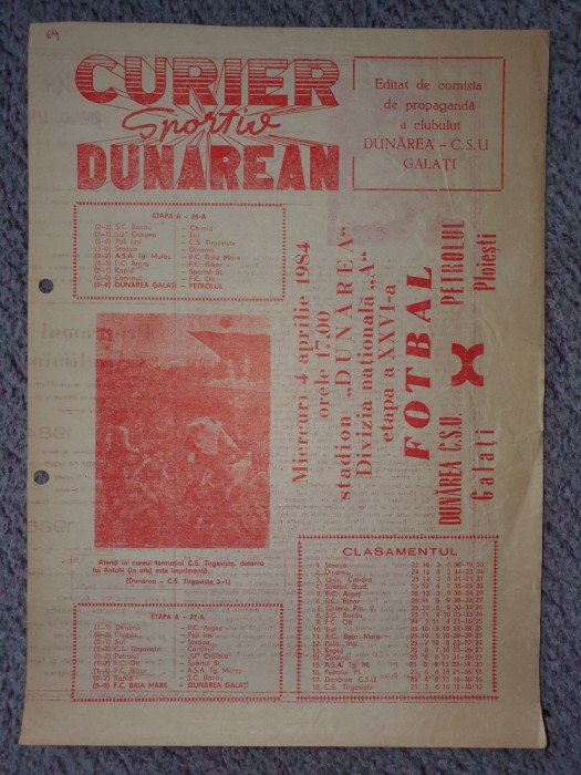 Program meci Dunarea CSU Galati- Petrolul Ploiesti, 4 Apr 1984