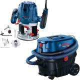 Bosch GOF 130 + GAS 12-25 PL - Masina de frezat 1300 W 6 8 mm accesorii + Aspirator umed-uscat 1250 W 200 mbar 25 l priza scule electrice