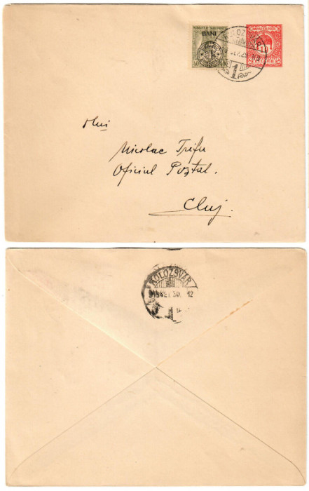 Emisiunea Cluj 1919 40 cu BANI sus timbru Zita utilizat pe intreg postal maghiar
