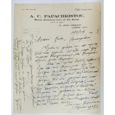 SCRISOARE COMERCIALA EXPEDIATA DE A.C. PAPACHRISTOU , NEGUSTOR LONDONEZ DE BLANURI , UNUI CLIENT BUCURESTEAN , 2 IULIE 1937