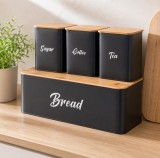 Set cutie de p&acirc;ine din bambus cu capac din oțel și 3 recipiente pentru bucătărie Vilde - Negru Mat