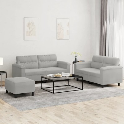 vidaXL Set de canapele cu perne, 3 piese, gri deschis, microfibră foto