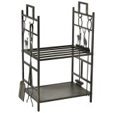 Outsunny Suport Lemne de Foc din Fier Forjat cu Instrumente pentru Semineu si Manere, Baza Suport Lemne Inaltata si Decorata, 51.5x33x77cm - Negru