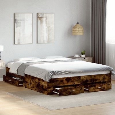 vidaXL Cadru pat cu sertare stejar fumuriu 150x200 cm lemn prelucrat 3280381 foto