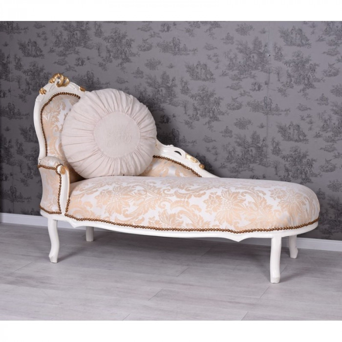 Sofa din lemn masiv alb cu auriu si tapiterie din matase grej cu flori CAT590D27