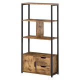 HOMCOM Biblioteca cu 3 Rafturi, Dulap si 2 Sertare, Biblioteca Stil Industrial din PAL si Metal, 58x24x122 cm, Negru si Lemn natur