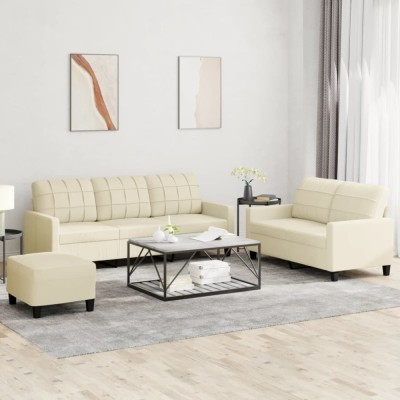 vidaXL Set de canapele cu perne, 3 piese, crem, piele ecologică foto