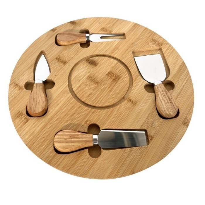 Platou pentru branzeturi, din bambus, cu 4 accesorii pentru servire, dimensiuni 29.50 x 29.50 cm, maro