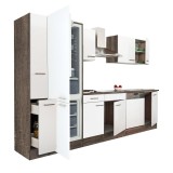 Mobilier de bucătărie Yorki 310, cu corp din stejar Yorki, fațade albe cu finisaj satinat, cu frigider cu congelator &icirc;n partea de jos, fără blat de lu