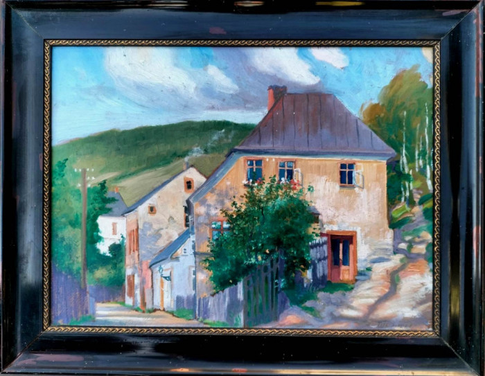 Peisaj cu case, pictură veche &icirc;n ulei semnată ilizibil şi datată 1921