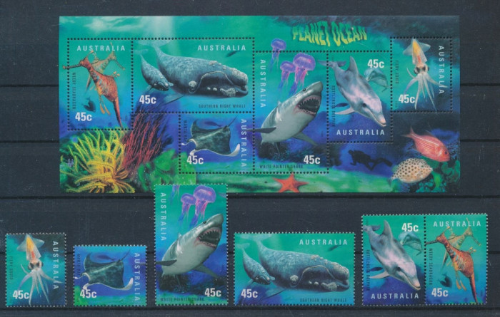 AUSTRALIA 1998-PESTI-PLANET OCEAN-Bloc si serie de cate 6 timbre cf foto MNH