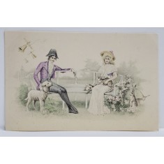 CUPLU , SCENA BUCOLICA CU OITE SI IEPURASI , CARTE POSTALA , CLASICA