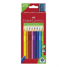 Set 10 Creioane Colorate Faber-Castell Jumbo, Triunghiulare, cu Ascutitoare Inclusa, Set Creioane Colorate si Ascutitoare, Set Creioane Colorate cu As