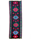 Covor / scoarță vintage din l&acirc;nă 379&times;130, țesut la război, runner extra-lung, culori electrice, cu franjuri