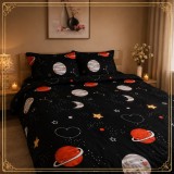 Set lenjerie pat Cocolino pufoasa Planete albastru fleece 4 piese 230x230 cm pilota 200x230 cm pat 50x80 cm perna