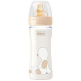 Biberon, Chicco, Original Touch, din Sticla, Tetina Cauciuc, Flux Lent, 0+ Luni, Bej, 240ml