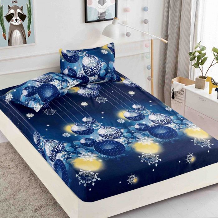 Husa de pat cu elastic de Craciun,bleumarin cu globuri 180x200cm D057