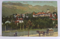 SINAIA , VEDERE DIN PARC A MUNTILOR BUCEGI SI TRASURICA CU RECLAMA &amp;#039; G. MATHEESCU - COLONIALE &amp;#039; , CARTE POSTALA ILUSTRATA , INCEPUTUL SECOLULUI XX foto