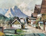 Cumpara ieftin Peisaj din Garmisch Partenkirchen (Bavaria), pictură veche semnată indescifrabil, Peisaje, Ulei, Realism