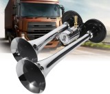 Claxon bitonal cu 2 goarne, alimentare 12/24V pentru vehiculele dotate cu compresor de aer, culoare Crom/Negru